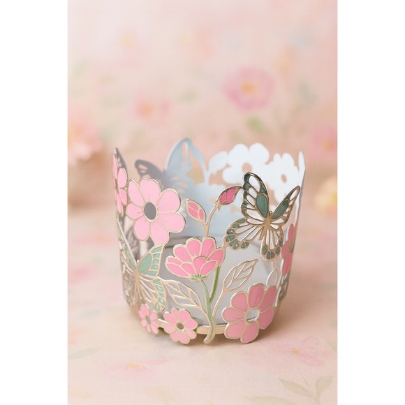 Butterfly Flowers Candle Holder‎ Sleeve Cutout Metal Pink Home Decor - Picture 2 of 2